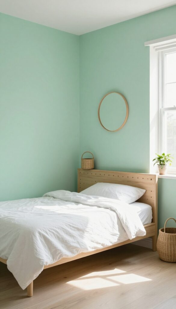 Small bedroom with mint green walls, wall-mounted pegboard above bed, white linens, natural light, airy and spacious feel.