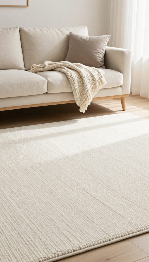 Bright living room with warm white textured loop carpet, natural light, neutral decor, and slim-legged furniture.