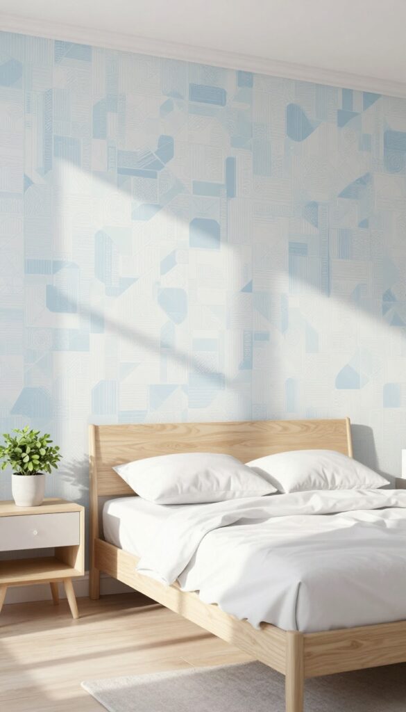 Modern boy's bedroom with geometric peel-and-stick wallpaper accent wall behind bed, neutral decor, natural light