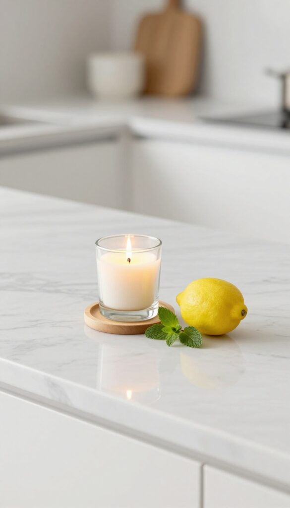 A lemon-scented candle on a wooden trivet with a lemon and mint sprig on a kitchen counter.