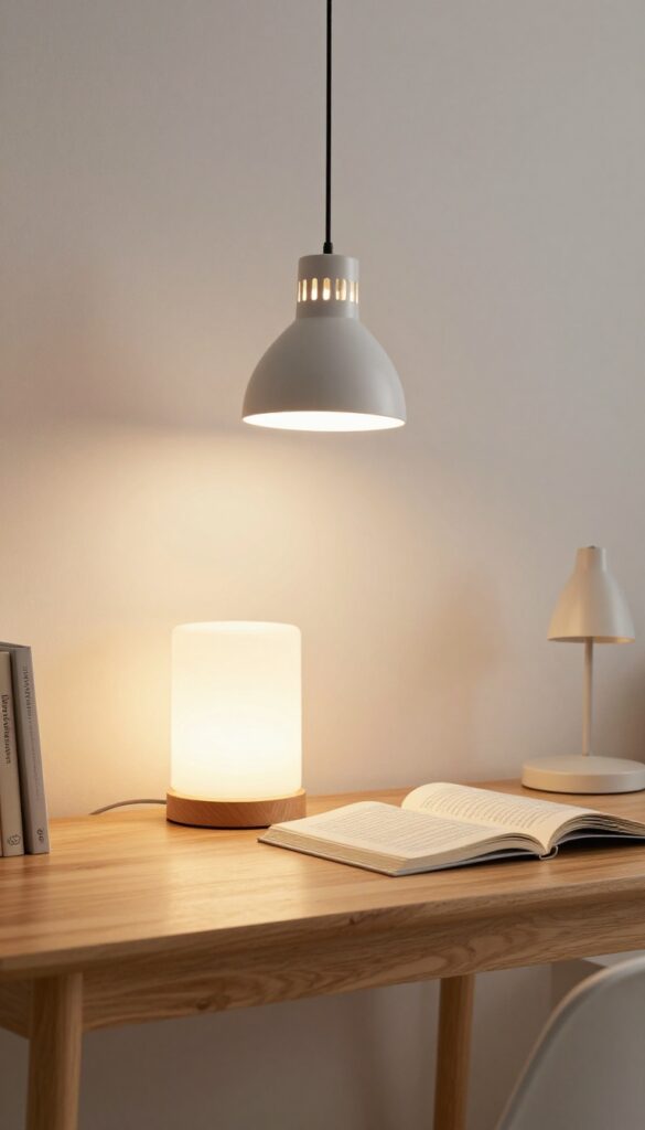 Teenage boy's bedroom with layered warm lighting from desk lamp, reading lamp, and ceiling light, creating a cozy and functional small space.