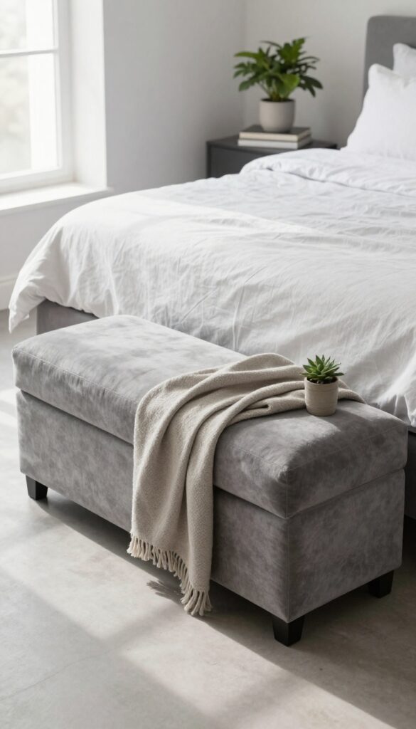 Grey upholstered bench at the foot of a bed with throw blanket and plant