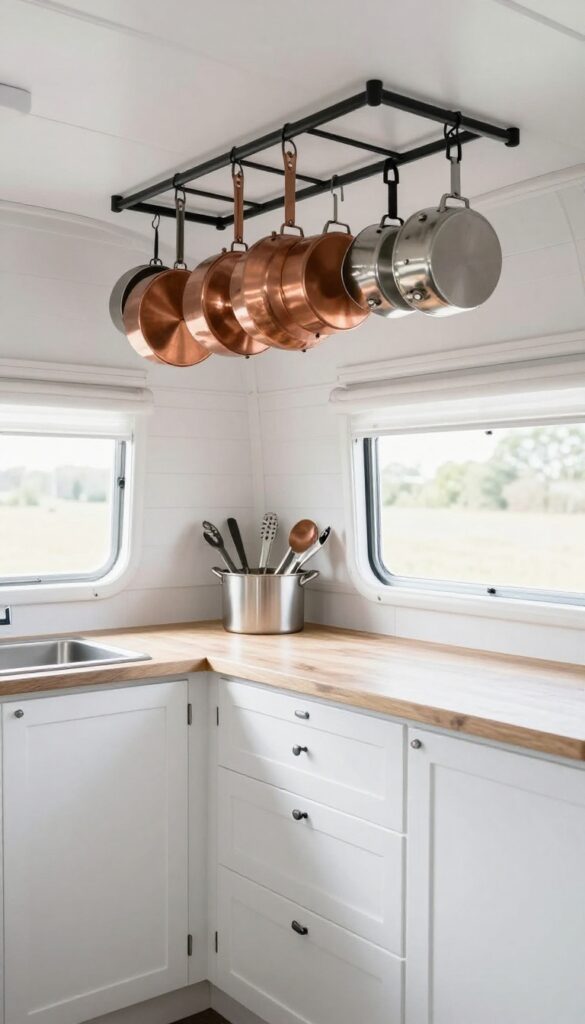 Mobile home kitchen with ceiling-mounted pot rack holding copper and stainless steel cookware, bright natural light, white cabinets, butcher block countertop.
