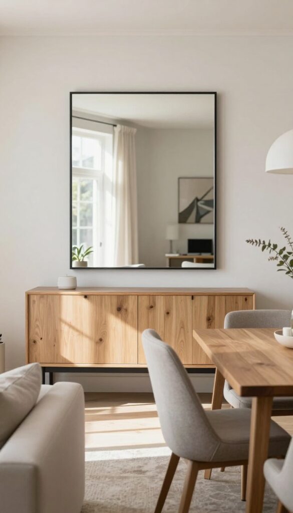 Open-plan dining and living room with a large statement mirror above a sideboard reflecting natural light