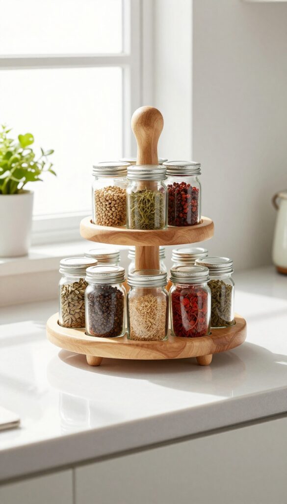 A two-tier wooden spice carousel on a kitchen countertop filled with small glass jars of spices, next to a plant and a salt cellar, with natural light from a window.