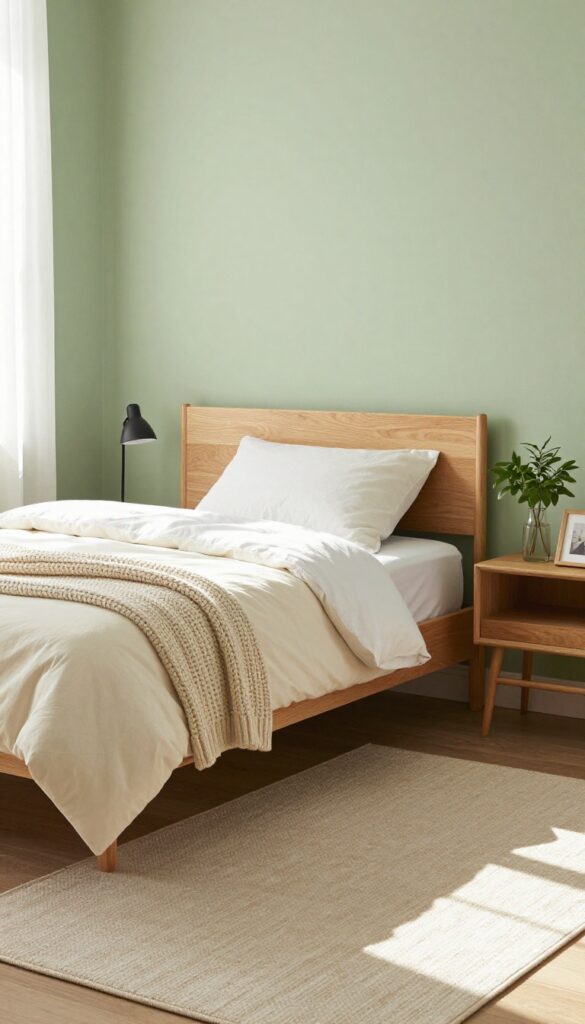 Boy's bedroom with sage green walls, natural wood bed, cream bedding, indoor plant, and black metal accents, bathed in natural light.