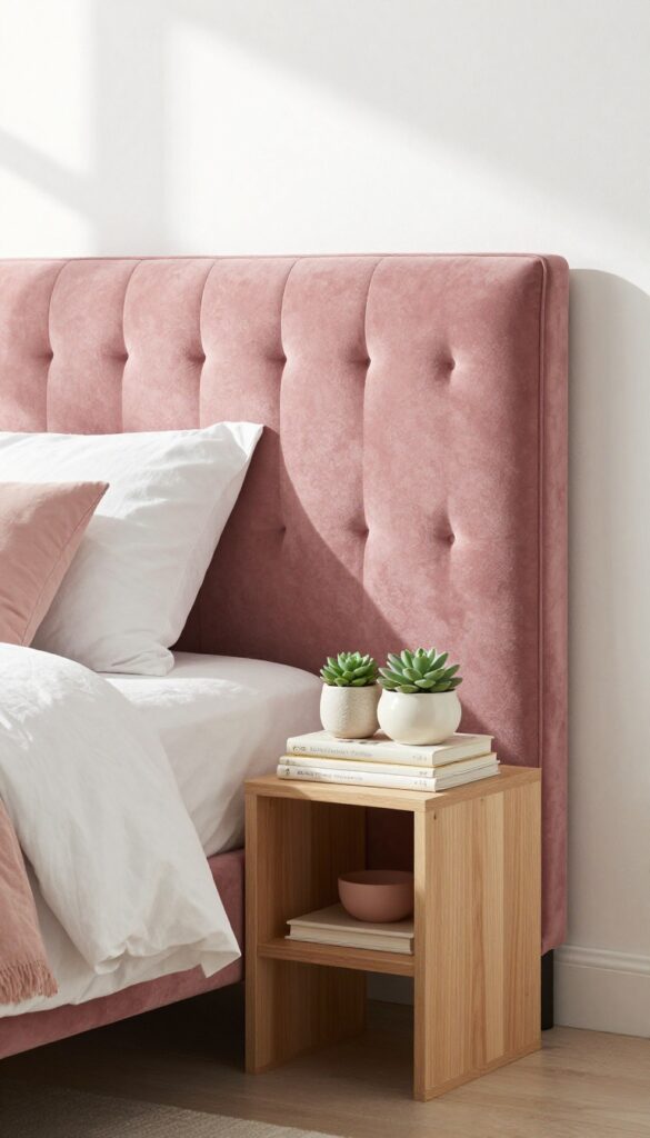Pink velvet headboard with built-in shelf in a cozy bedroom
