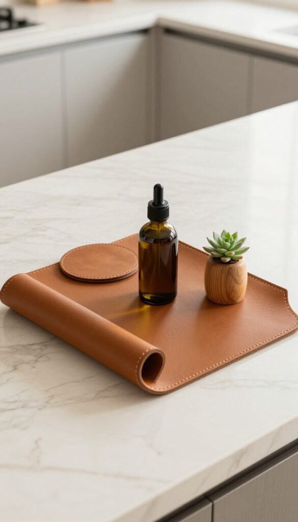 A leather-wrapped tray on a kitchen counter with oil bottle, coaster, salt cellar, and succulent.