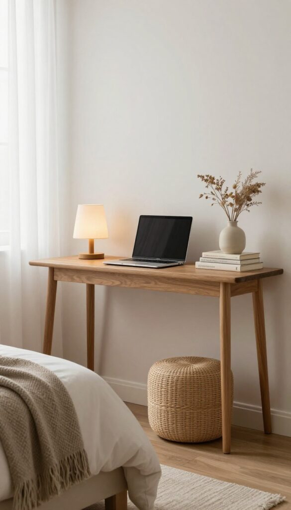 A narrow console table functioning as a desk with a laptop, books, and a vase, with a stool tucked underneath in a bright guest bedroom.