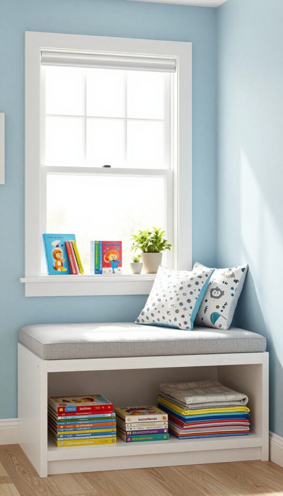 Bright kids' bedroom with a window seat that has hidden storage underneath, pillows, and a shelf above with books and a plant.