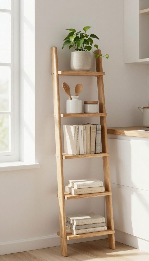 A wooden ladder shelf in a kitchen store room with cookbooks, ceramic jar, and trailing plant, styled in a neutral palette with warm wood tones.