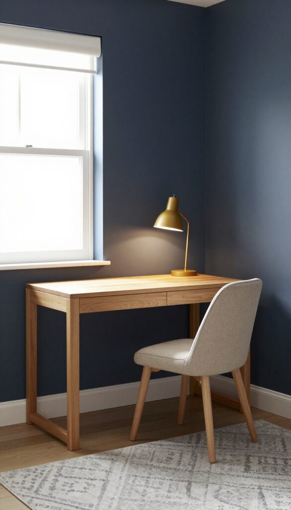 Moody study corner with dark navy walls, warm lamp, and cozy desk setup in a teen boy's bedroom.