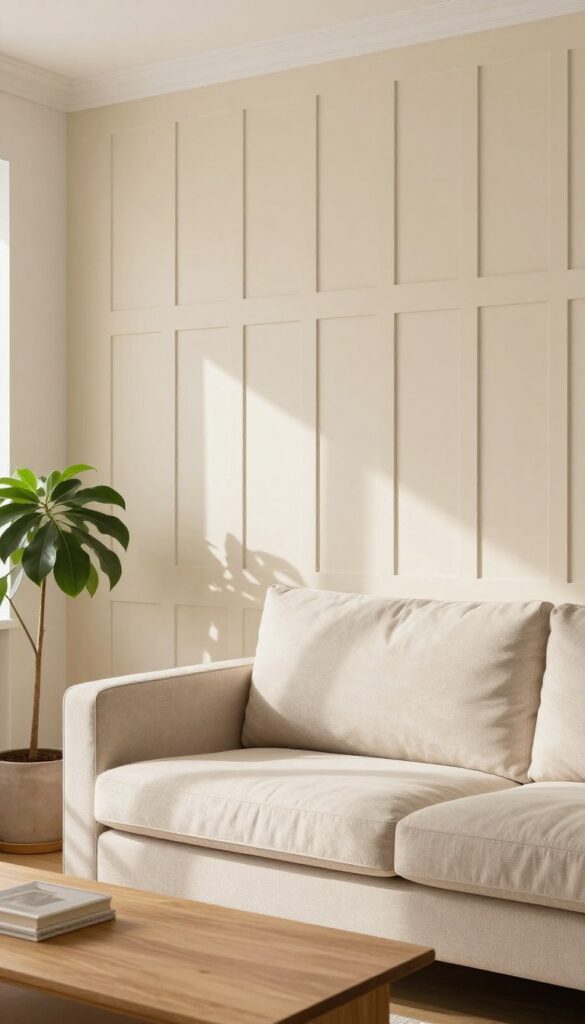 Living room with painted faux paneling in warm beige tones, creating a grid pattern on the wall