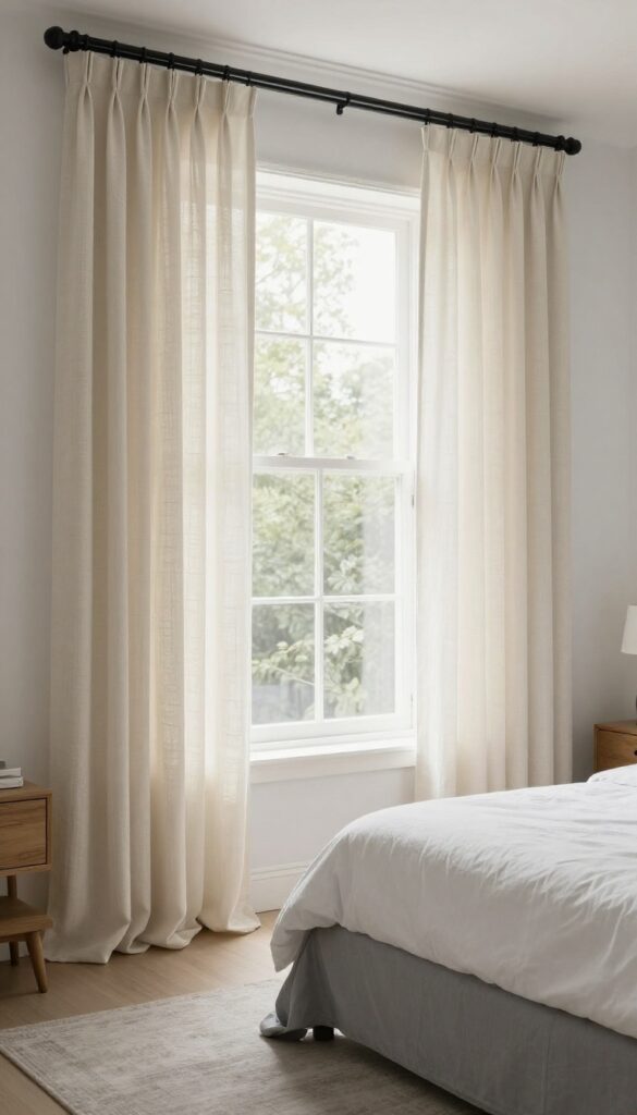 Grey and white bedroom with floor-length cream curtains framing a window, creating a cozy and modern look.