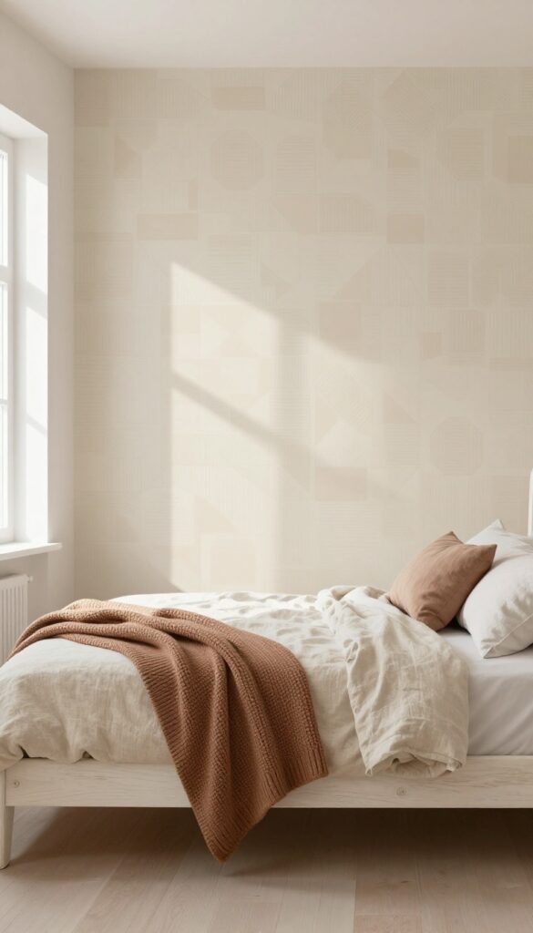 A cozy bedroom with warm neutral geometric wallpaper, cream linen bedding, and natural light creating a serene atmosphere.