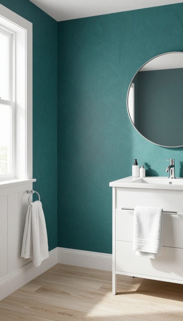 Small guest bathroom with a bold dark teal accent wall behind the toilet, white fixtures, and bright natural light.