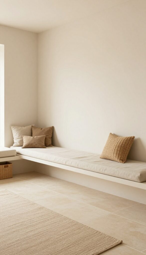 Living room with large-format porcelain tiles and built-in storage bench
