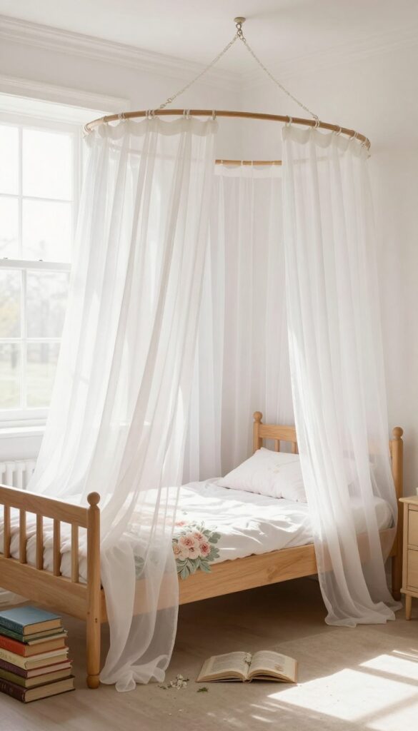Vintage girls bedroom with a canopy bed draped in sheer white curtains, soft natural light, cozy and romantic atmosphere.