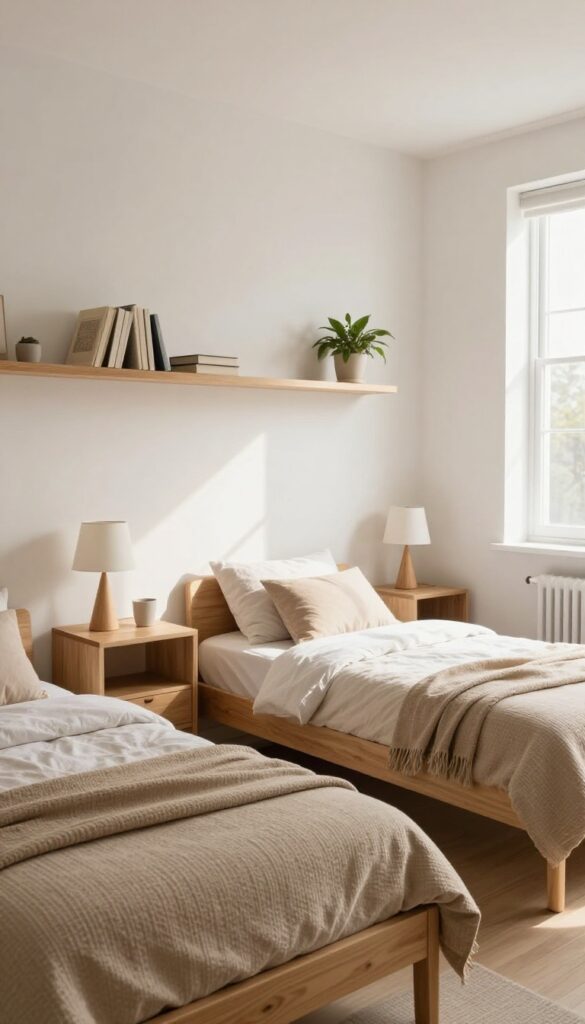 Two twin beds with a shared desk between them in a bright, cozy home office guest room