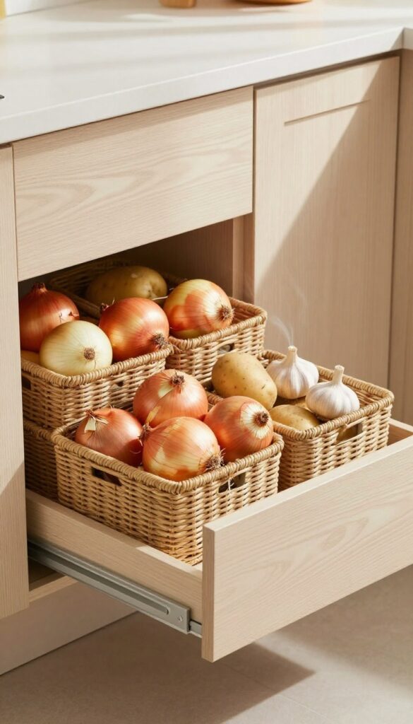 Open kitchen drawer with three woven seagrass baskets filled with onions, potatoes, and garlic, showcasing organized produce storage in a bright, modern kitchen.