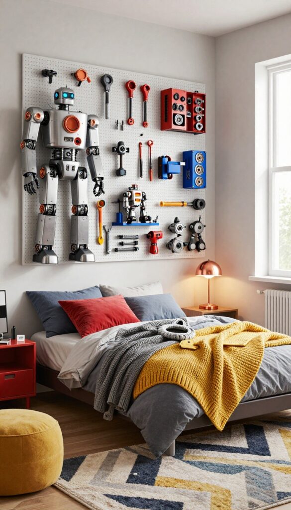 Cozy robot workshop themed boy's bedroom with pegboard wall, metallic accents, geometric rug, and warm lighting
