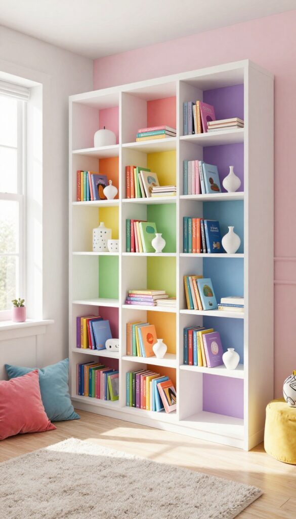 Rainbow bookshelf with color-coded books in a bright kids' bedroom