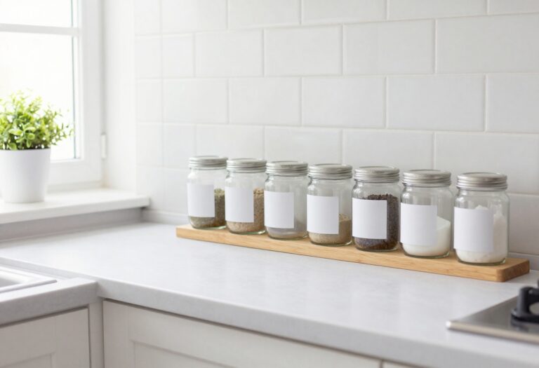 Organized spice jars on a wooden shelf in a bright kitchen with white subway tile backsplash