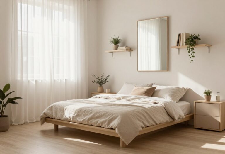 Cozy small bedroom with neutral decor, mirror, and floating shelves