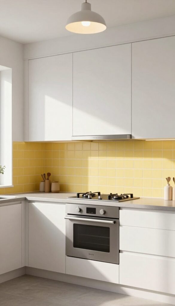 Yellow subway tile backsplash behind stove in white kitchen with gray counters and stainless steel appliances, warm pendant light above.