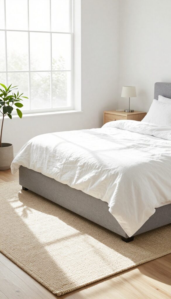 Layered natural fiber rugs in a grey and white bedroom with jute and cream wool rugs