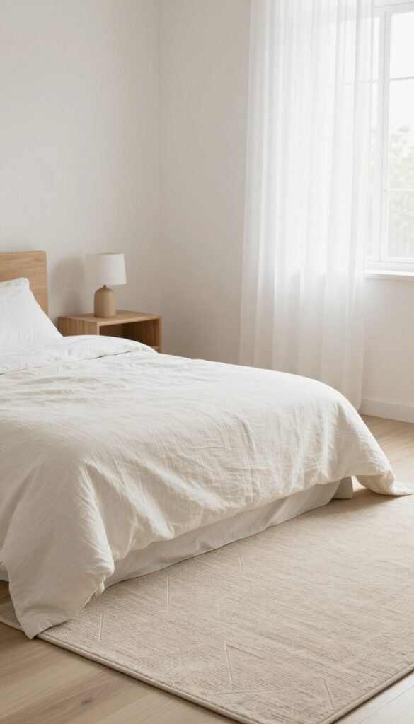 Minimalist bedroom with a neutral patterned rug under a bed, light wood furniture, and sheer curtains.