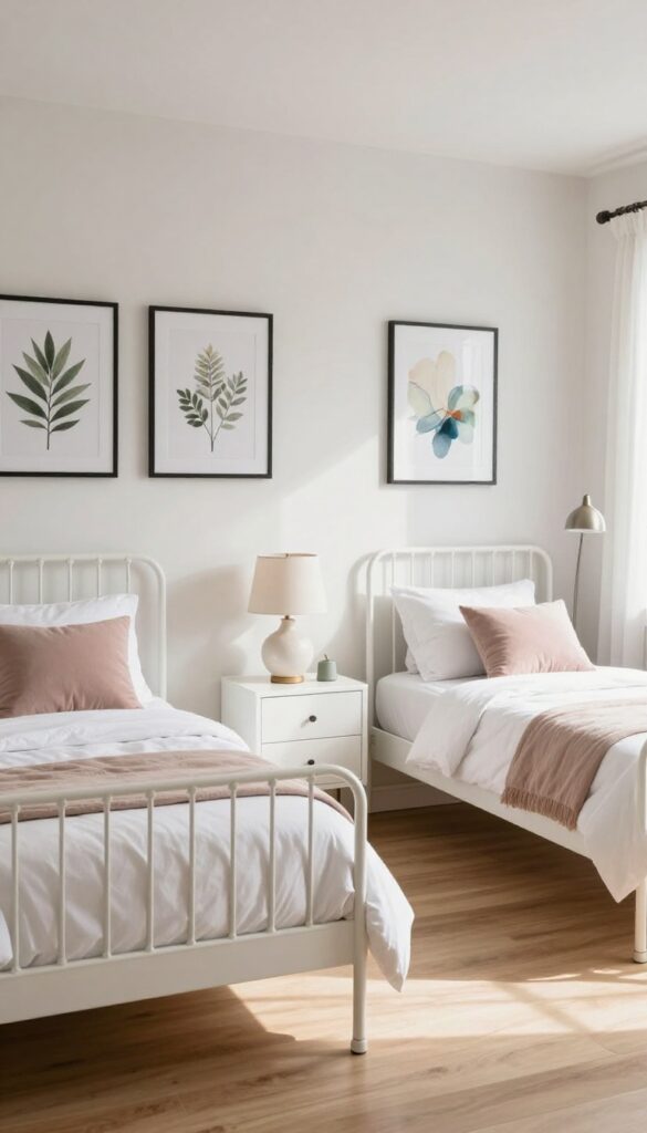 Twin girls bedroom with matching white metal beds and different art above each bed