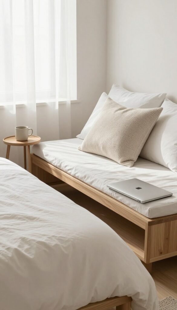 A person working from bed using a cushioned lap desk with a laptop and notebook, with a coffee mug on a small side table, in a bright and cozy bedroom.