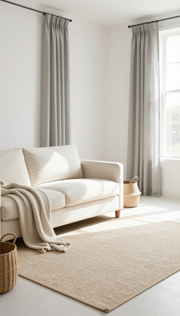 Neutral living room with white walls, cream sofa, beige rug, and linen curtains, bathed in natural light