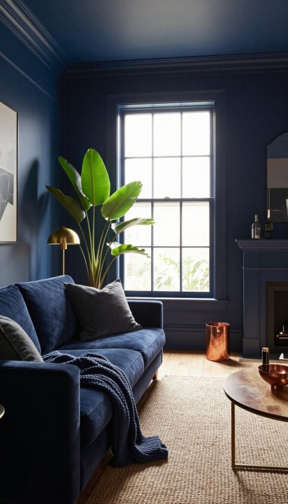 Cozy living room with color drenching in deep charcoal blue, featuring velvet sofa, knit throw, jute rug, houseplants, and brass accents.