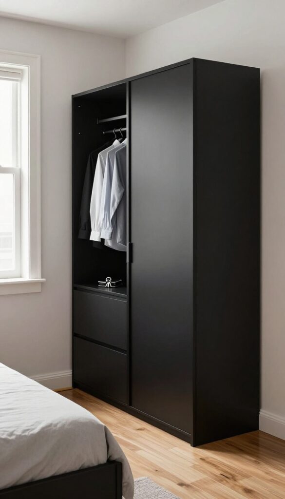 Tall slim dark wardrobe in small bedroom with natural light