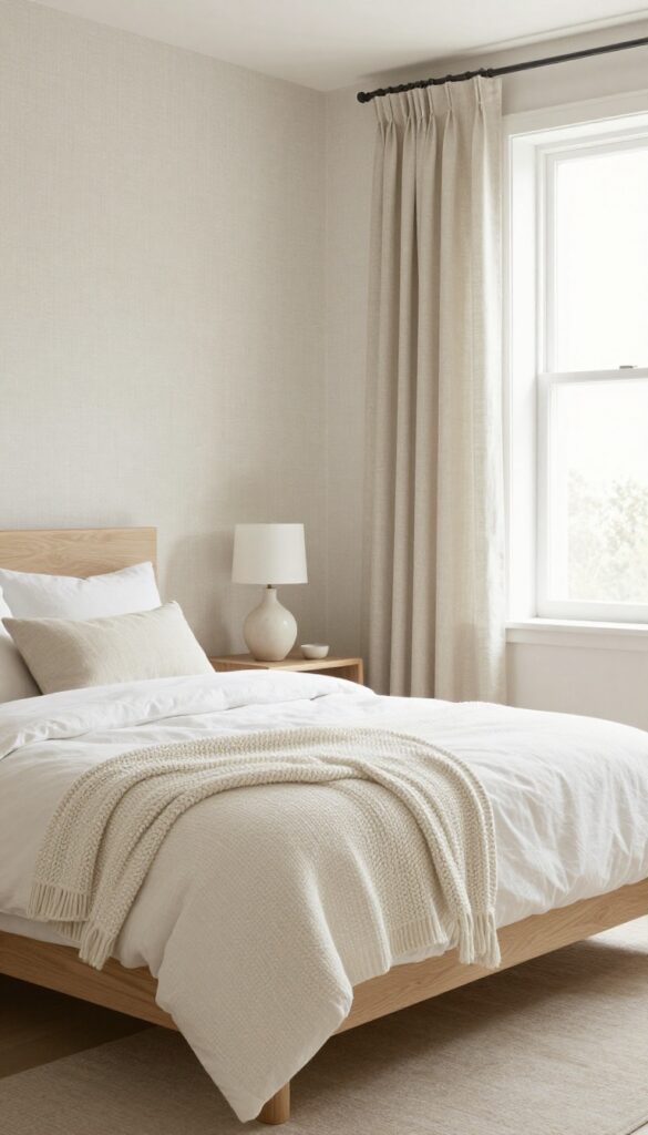 Serene master bedroom with soft linen-textured wallpaper, light wood furniture, and white bedding in natural light.