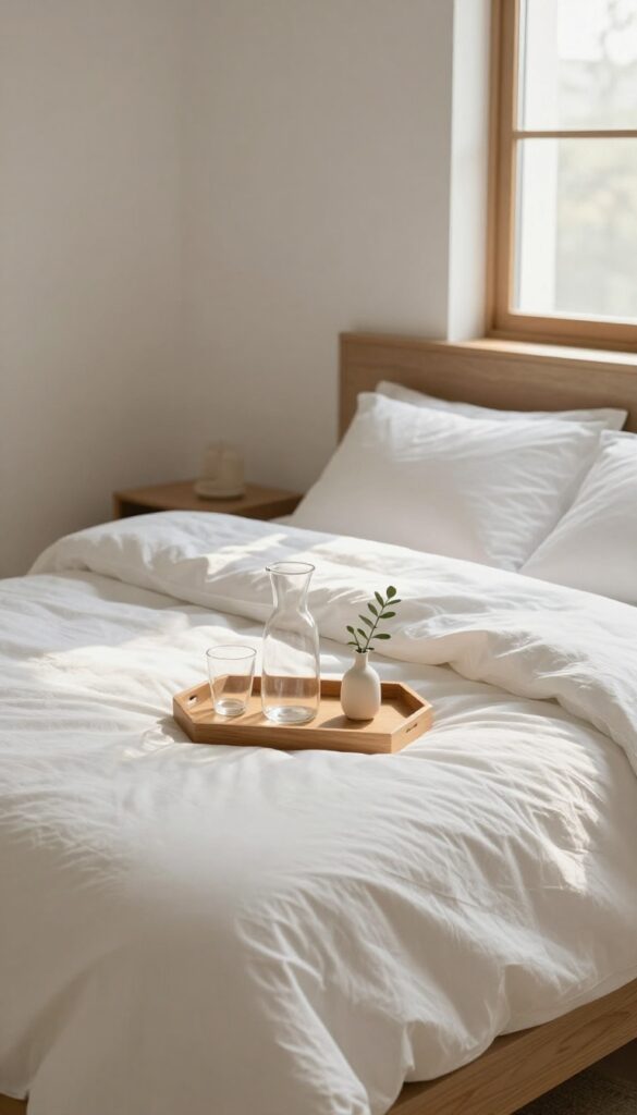A cozy guest bedroom with a wooden tray on the bed holding a carafe, glass, and a single stem, bathed in natural light.