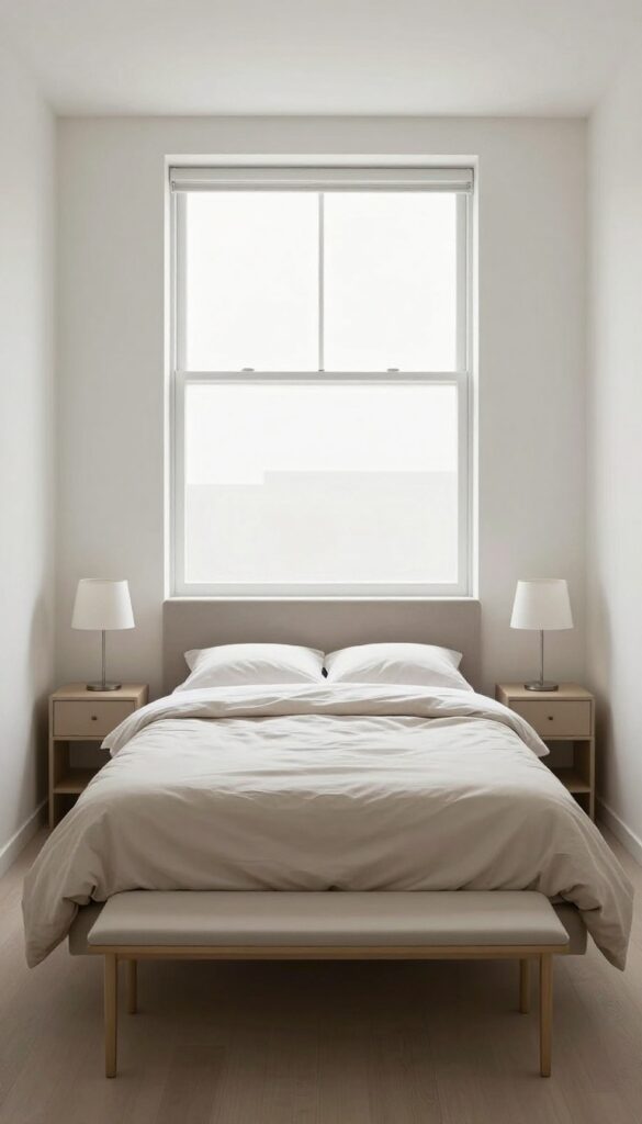 Small bedroom layout with bed floating away from wall, centered with nightstands and bench, bright natural light