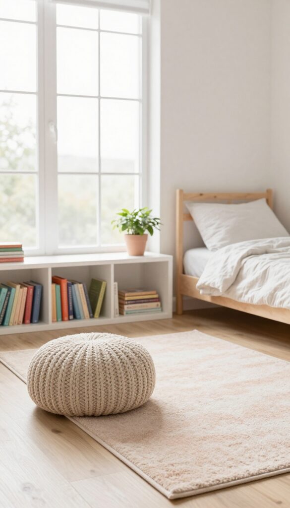 Kids bedroom with a soft washable knit pouf in oatmeal color near a bookshelf, creating a cozy reading nook.