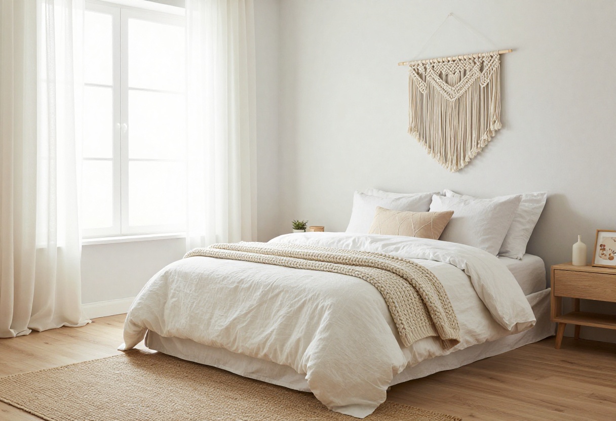 Cozy neutral girls bedroom with layered bedding, macramé wall art, and soft natural light
