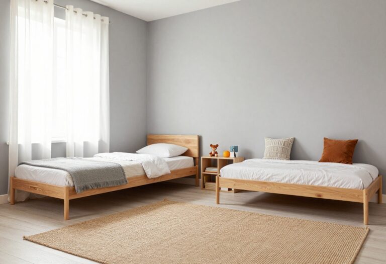 Cozy shared kids' bedroom with twin beds, colorful pillows, and a wooden bookshelf