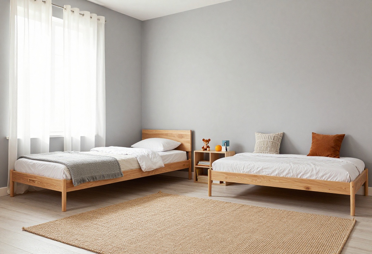 Cozy shared kids' bedroom with twin beds, colorful pillows, and a wooden bookshelf