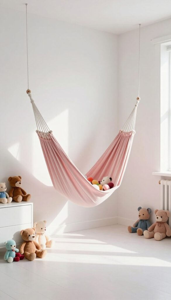 Girls bedroom with a mesh toy hammock filled with stuffed animals in a corner