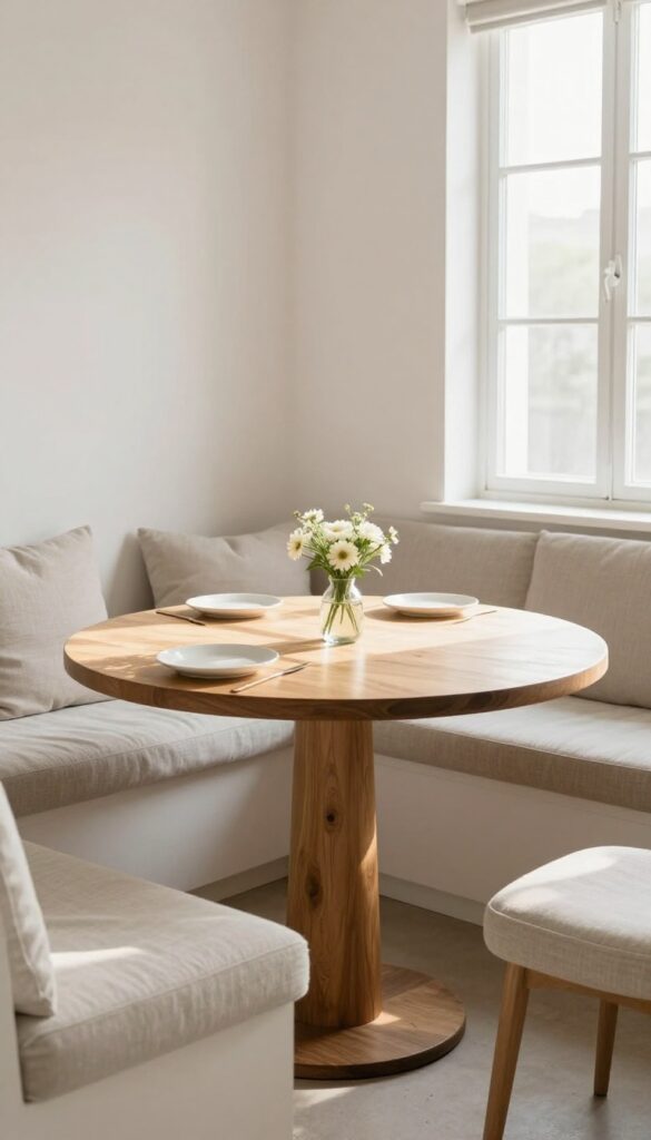 Round wooden table with pedestal base in a cozy kitchen banquette nook, bathed in natural light