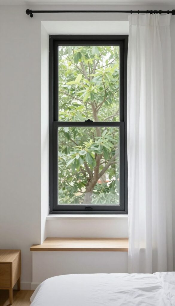 Black window frames with white sills in a bright bedroom with a view of a leafy tree.
