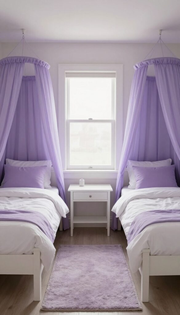 Twin girls bedroom with two matching daybeds, one with a sheer lavender canopy, the other open, creating asymmetric yet cohesive design.