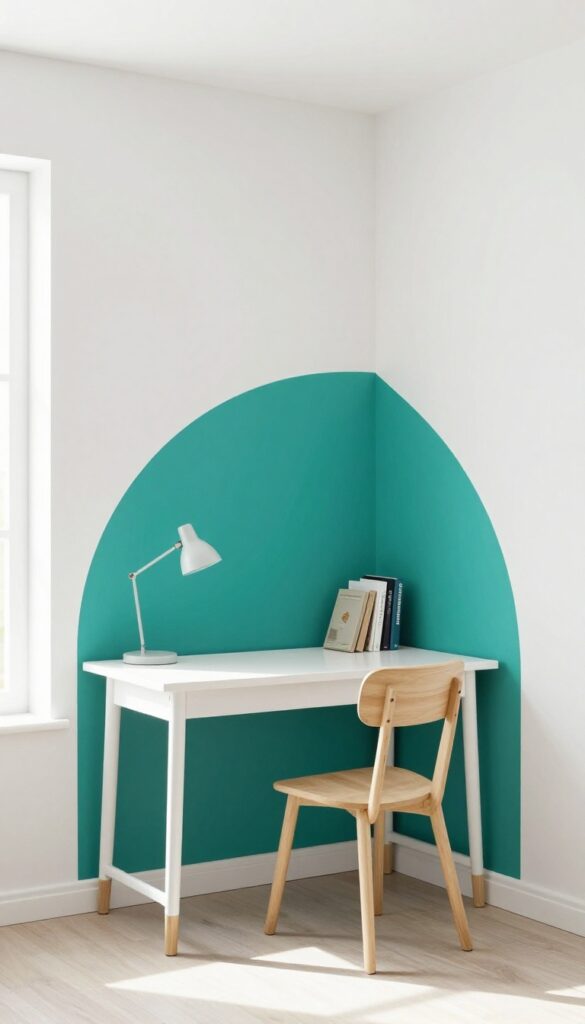 Small bedroom with a color-blocked accent wall in teal behind a white desk nook, creating a defined homework zone.