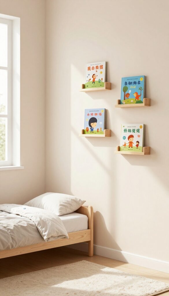 Vertical book ledges mounted on a wall in a small kids' bedroom, displaying books with covers forward, creating an interactive library without taking floor space.