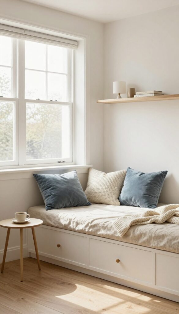 Cozy window seat with storage drawers and pillows in a bright room with Murphy bed opposite